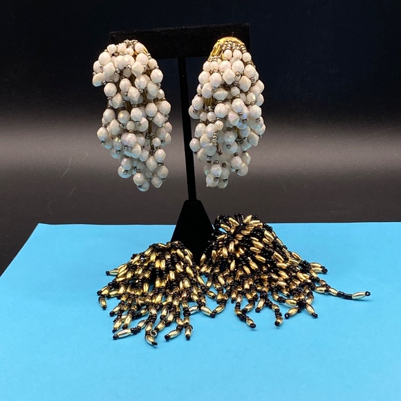 Vintage Cha Cha Seed Bead Earrings Long Two Pairs Cluster 1980's Clip Ons - Picture 9 of 9